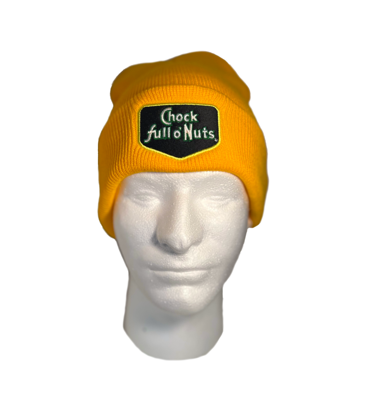 A mannequin head with a Chock full o’Nuts® Embroidered Logo Yellow Knit Hat embroidered with the phrase "check full nuts.