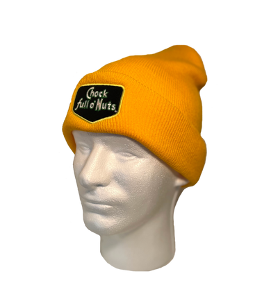 A mannequin wearing a Chock full o’Nuts® Embroidered Logo Yellow Knit Hat.