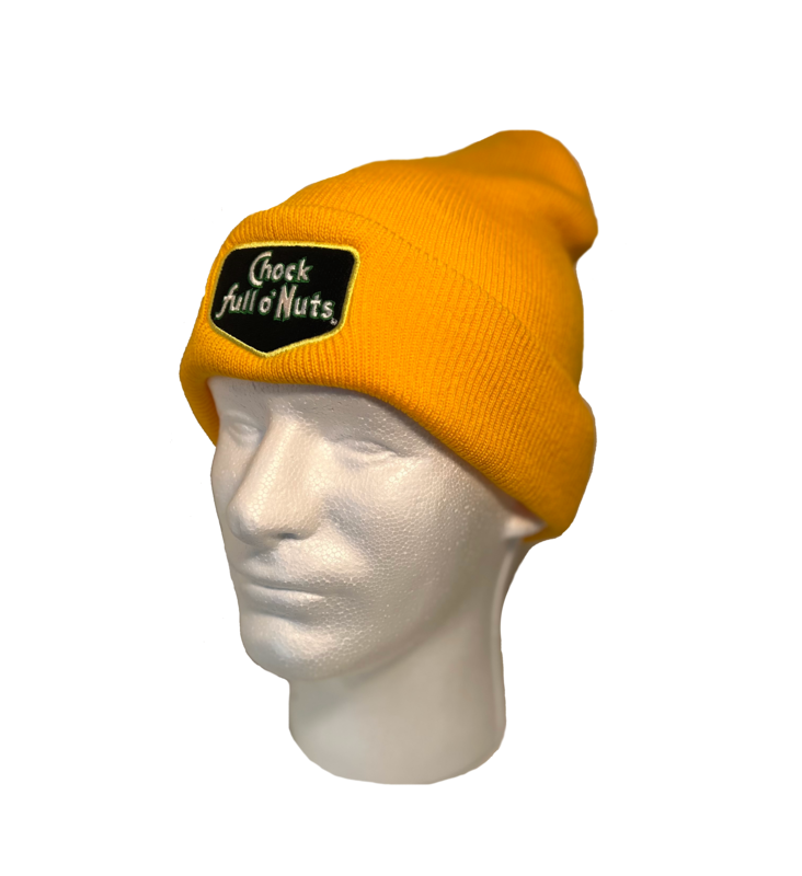A mannequin wearing a Chock full o’Nuts® Embroidered Logo Yellow Knit Hat.