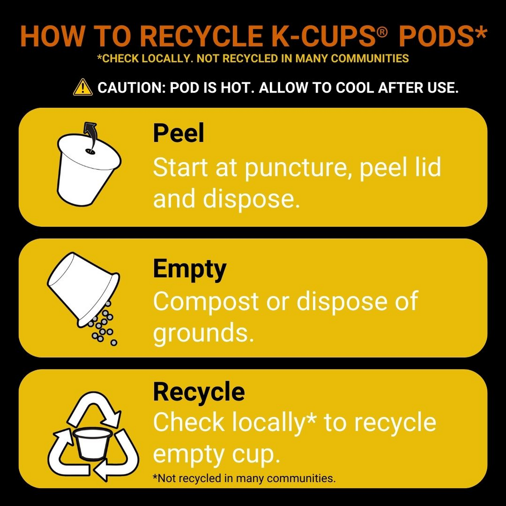 Instructional graphic on recycling single serve coffee cups. Steps: 1. Peel lid. 2. Empty contents, such as Heavenly Hazelnut - Keurig K-Cup® Pods - Medium Roast from Chock full o'Nuts, for compost or disposal. 3. Check local recycling for empty cup. Warning: Pod is hot; allow to cool before handling.
