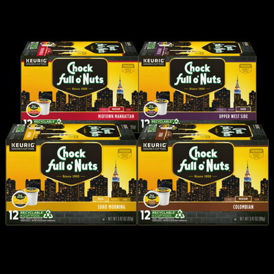 Four boxes of Chock full o'Nuts Keurig K-Cup Pods are featured, offering delicious Arabica coffee in Midtown Manhattan Medium Roast, Upper West Side, Soho Morning, and Colombian varieties. Each box includes 12 recyclable pods.