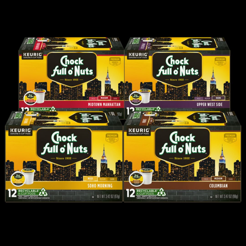 Four boxes of Chock full o'Nuts Keurig K-Cup Pods are featured, offering delicious Arabica coffee in Midtown Manhattan Medium Roast, Upper West Side, Soho Morning, and Colombian varieties. Each box includes 12 recyclable pods.
