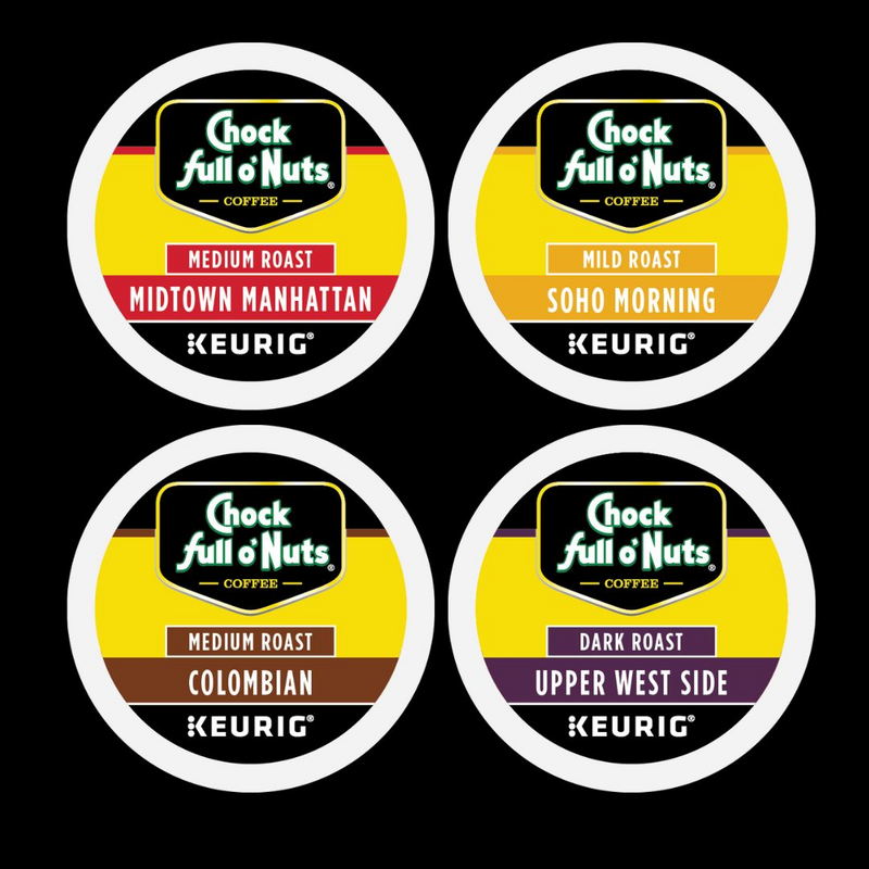The Chock full o'Nuts Keurig K-Cup Pods Variety Pack includes four flavors: Midtown Manhattan Medium Roast, Soho Morning Mild Roast, Colombian Medium Roast, and Upper West Side Dark Roast, all made with rich Arabica coffee.