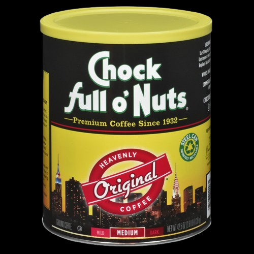 A can of Chock full o'Nuts Heavenly Original Ground Coffee, featuring the skyline of New York City on the label and highlighting "Premium Coffee Beans Since 1932.