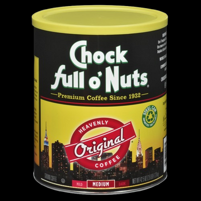 A can of Chock full o'Nuts Heavenly Original Ground Coffee, featuring the skyline of New York City on the label and highlighting "Premium Coffee Beans Since 1932.
