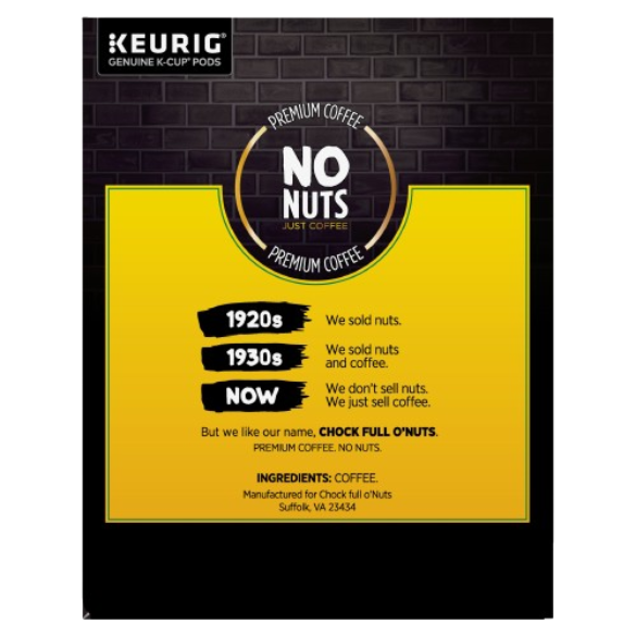 Keurig coffee label for Chock full o'Nuts Heavenly Original Medium Roast K-Cup® Pods. Features ingredients and company location.