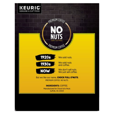 Keurig coffee label for Chock full o'Nuts Heavenly Original Medium Roast K-Cup® Pods. Features ingredients and company location.