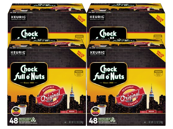Four boxes of Chock full o’Nuts Heavenly Original Medium Roast K-Cup® Pods, 48 pods per box, each in sleek New York City skyline packaging.
