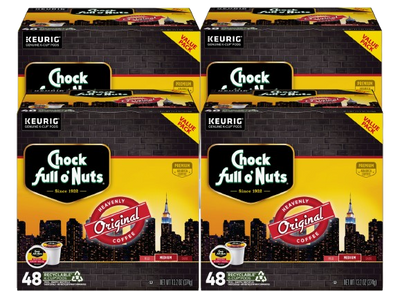 Four boxes of Chock full o’Nuts Heavenly Original Medium Roast K-Cup® Pods, 48 pods per box, each in sleek New York City skyline packaging.