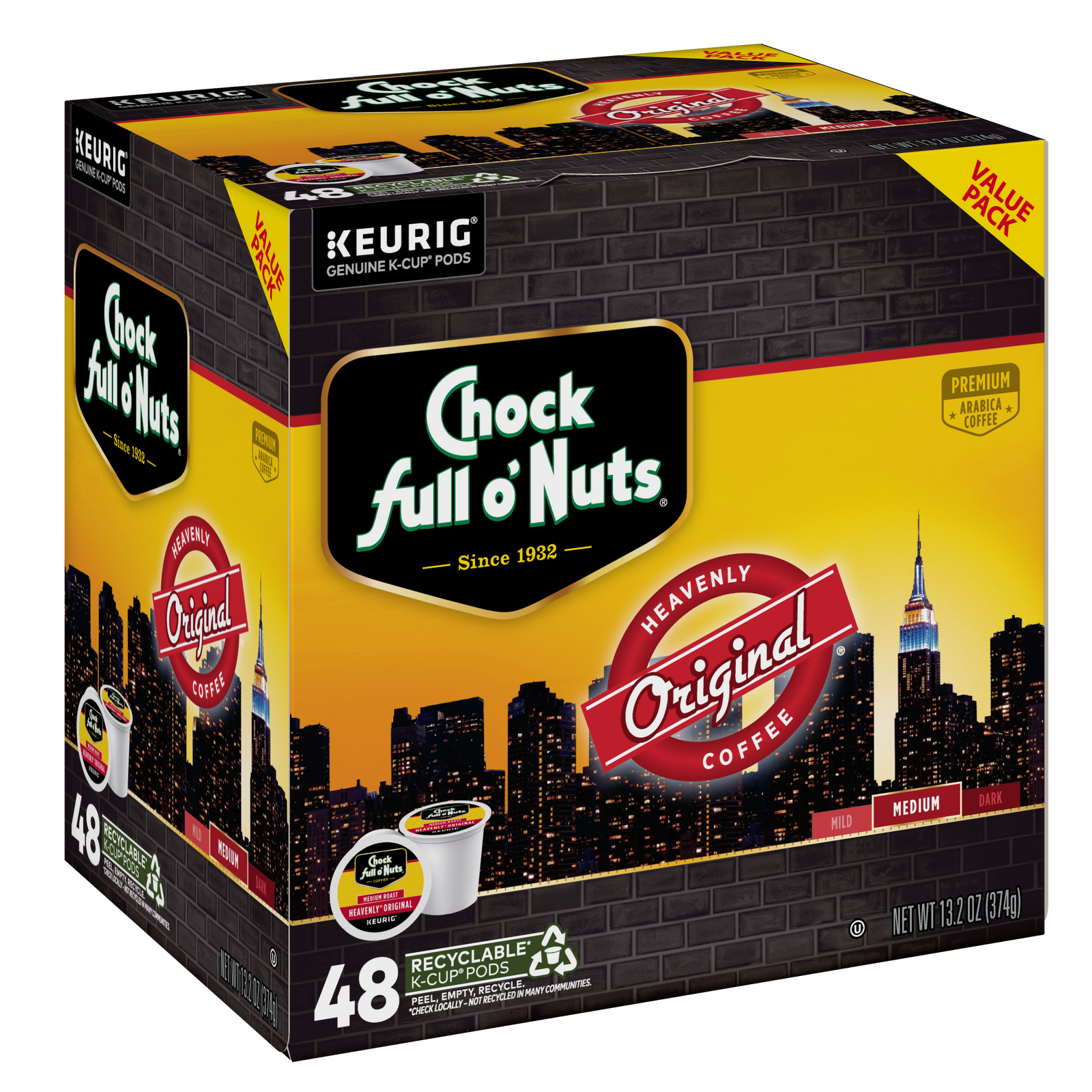 Chock full o’Nuts Heavenly Original Medium Roast K-Cup® Pods, 48-count box, features signature branding and New York City skyline on the packaging.