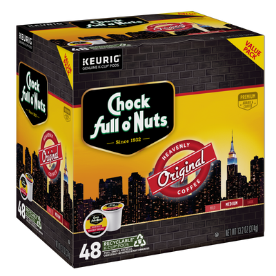 Chock full o’Nuts Heavenly Original Medium Roast K-Cup® Pods, 48-count box, features signature branding and New York City skyline on the packaging.