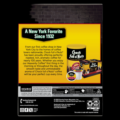 The back of a Chock full o'Nuts® Colombian - Keurig K-Cup Pods - Medium Roast box celebrates their legacy since 1932, featuring the Heavenly Coffee blend made with premium Arabica beans, compatible with Keurig for a heavenly brew.
