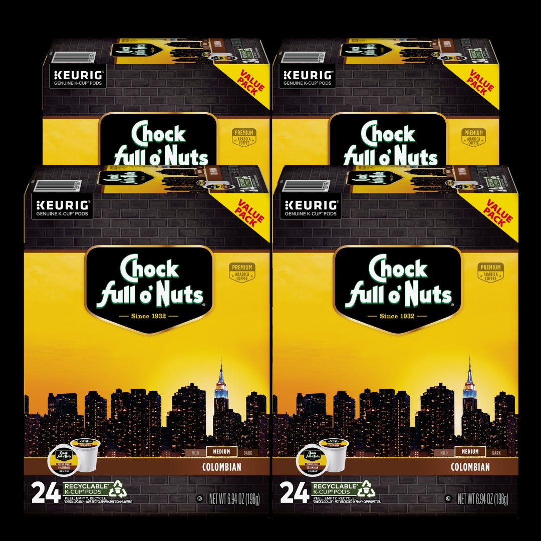 Savor four boxes of Chock full o'Nuts® Colombian Keurig K-Cup Pods, Medium Roast, with 24 pods each made from premium Arabica beans. The packaging showcases an elegant city skyline design, perfect for adding urban flair to your morning coffee routine.