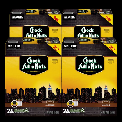 Savor four boxes of Chock full o'Nuts® Colombian Keurig K-Cup Pods, Medium Roast, with 24 pods each made from premium Arabica beans. The packaging showcases an elegant city skyline design, perfect for adding urban flair to your morning coffee routine.