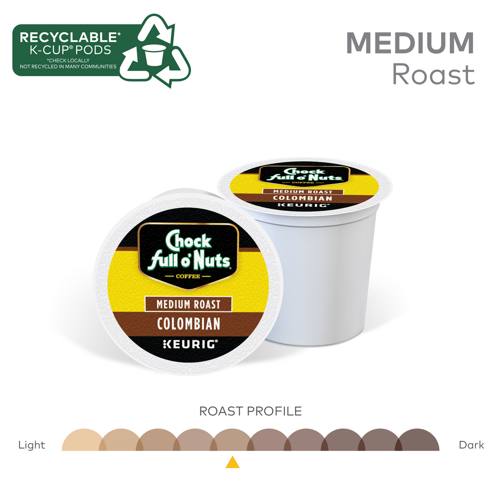 The Colombian Keurig K-Cup® Pods - Medium Roast by Chock full o'Nuts include a roast profile chart and feature a recyclable symbol. Crafted from premium Arabica coffee beans, these convenient single-serve coffee pods provide a rich and satisfying flavor, perfect for any time of day.