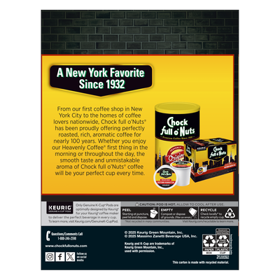 The Chock full o’Nuts® display features a yellow box celebrating its New York roots since 1932, showcasing the Donut Shop medium roast made from premium Arabica beans. It includes Keurig K-Cup Pods and emphasizes recyclable packaging.
