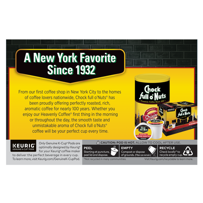 Experience the luscious flavor of Chock full o'Nuts' Heavenly Hazelnut Keurig K-Cup® Pods. This medium roast, a New York favorite since 1932, offers the perfect blend of delight and sustainability with its user-friendly recycling instructions for K-Cups.