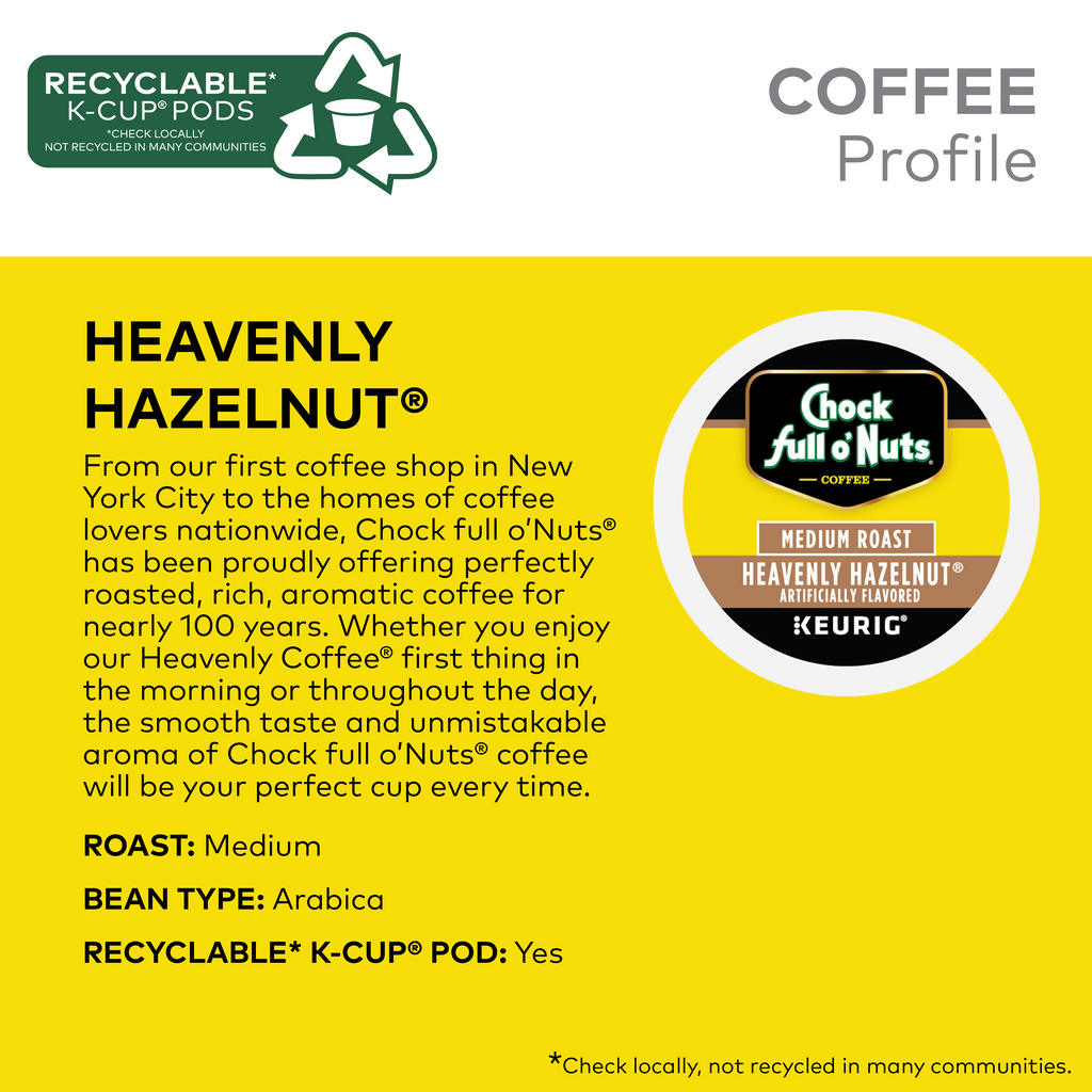 Yellow coffee label featuring "Heavenly Hazelnut - Medium Roast," showcasing premium Arabica coffee. These single-serve pods are packaged in recyclable Keurig K-Cup® format under the Chock full o'Nuts brand, and include a note on local recycling options.