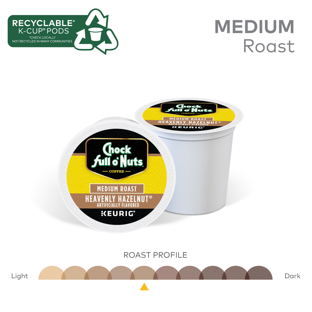 Two Chock full o'Nuts Heavenly Hazelnut Medium Roast Keurig K-Cup® Pods come with a recyclable symbol and offer a roast profile between light and dark. These single-serve pods deliver a delightfully rich flavor in every cup.