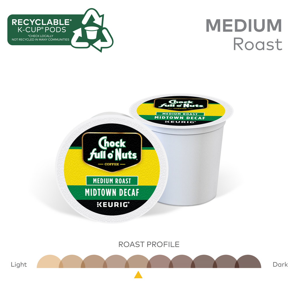 Image featuring two Midtown Decaf - Keurig K-Cup Pods - Medium by Chock full o'Nuts, highlighted with yellow labels and accompanied by a scale depicting the roast profile from light to dark. A recycling symbol is present, indicating that the K-Cup pods can be recycled. Made from premium Arabica coffee, these single-serve pods deliver an exceptional decaf experience.