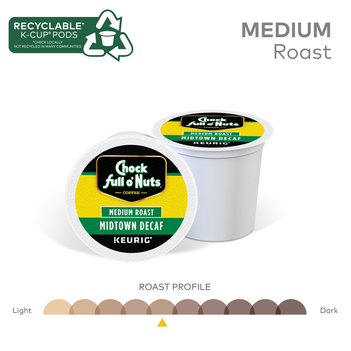 Chock full o'Nuts offers Midtown Decaf - Keurig K-Cup Pods, made from premium Arabica coffee, which provide a smooth medium roast profile and feature a recyclable symbol.
