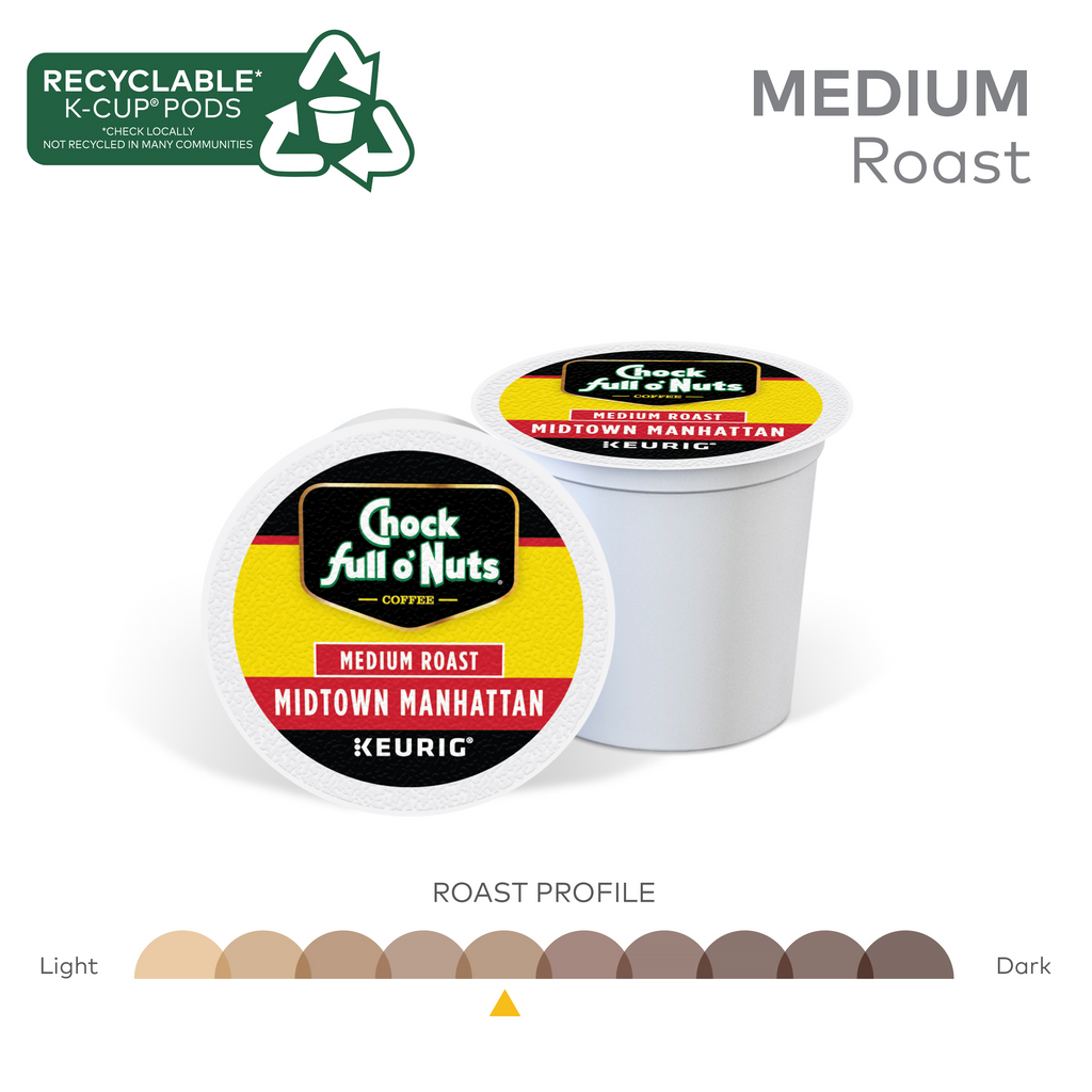 Image of Chock full o'Nuts Midtown Manhattan - Keurig K-Cup® Pods, showcasing single-serve pods with a medium roast profile and the rich, smooth taste of premium Arabica coffee.