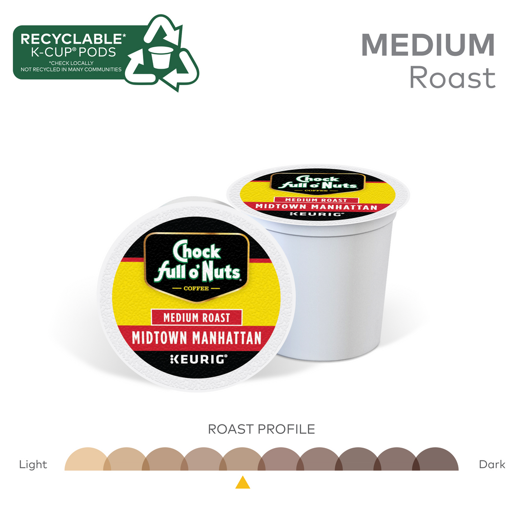 Image of two Chock full o'Nuts Keurig K-Cup Pods from the Medium Roast Variety Pack, made with premium Arabica beans. Roast ranges from light to dark. Text notes that pods are recyclable in select areas.