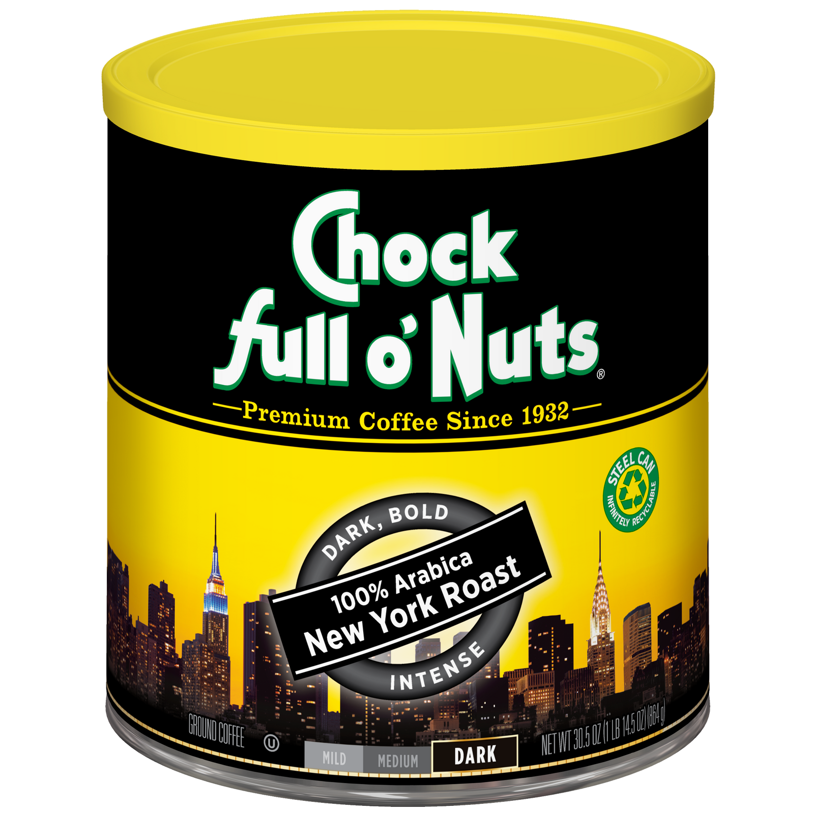A can of Chock full o'Nuts New York Roast - Dark - Ground coffee, featuring bold and intense flavor, a yellow lid, and New York City skyline packaging—crafted from premium Arabica beans.