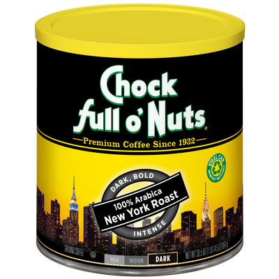 A can of Chock full o'Nuts New York Roast - Dark - Ground coffee, featuring bold and intense flavor, a yellow lid, and New York City skyline packaging—crafted from premium Arabica beans.