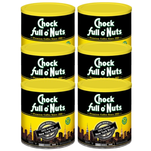 Six cans of Chock full o’Nuts New York Roast - Dark - Ground coffee are stacked in two rows of three, each in black and yellow packaging with city skyline graphics.