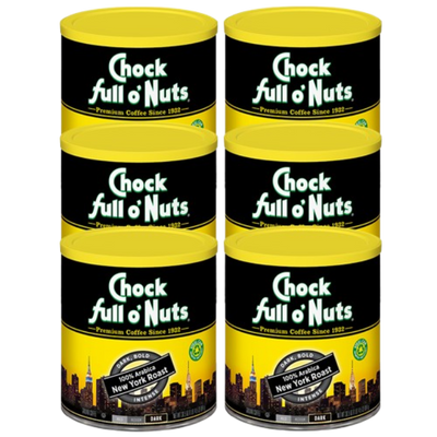Six cans of Chock full o’Nuts New York Roast - Dark - Ground coffee are stacked in two rows of three, each in black and yellow packaging with city skyline graphics.