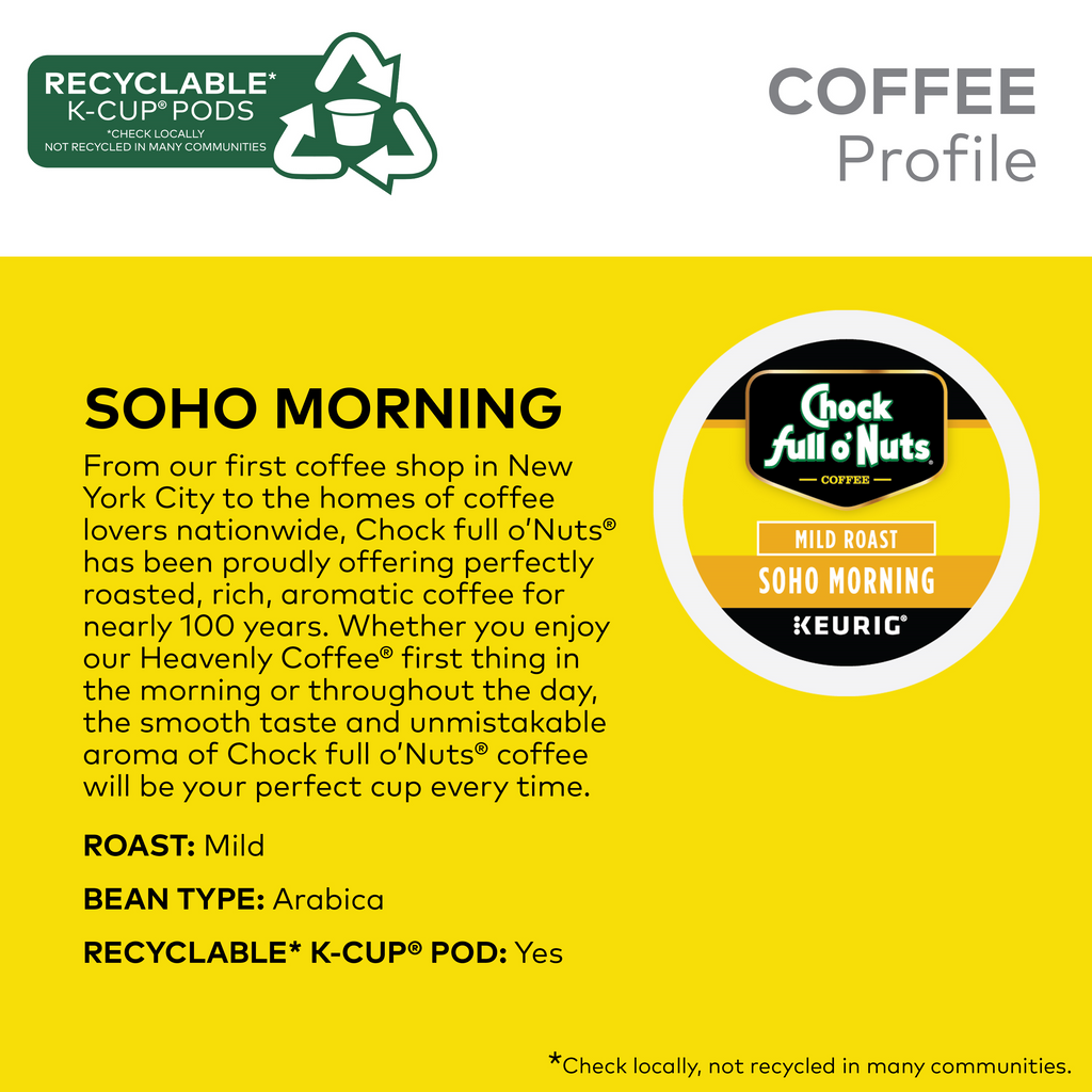 Enjoy a vibrant morning with Chock full o'Nuts Keurig K-Cup® Pods - Variety Pack. Savor the mild roast Arabica coffee in environmentally friendly, recyclable pods compatible with your Keurig coffee maker.