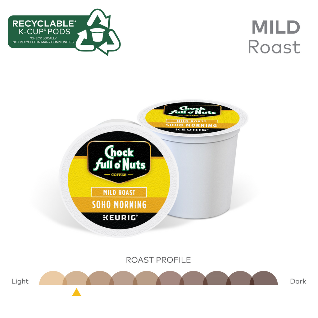 Image of Chock full o'Nuts Keurig K-Cup Pods Variety Pack, showcasing 100% Arabica coffee and a roast profile scale from light to dark shades, with a recyclable symbol prominently displayed.