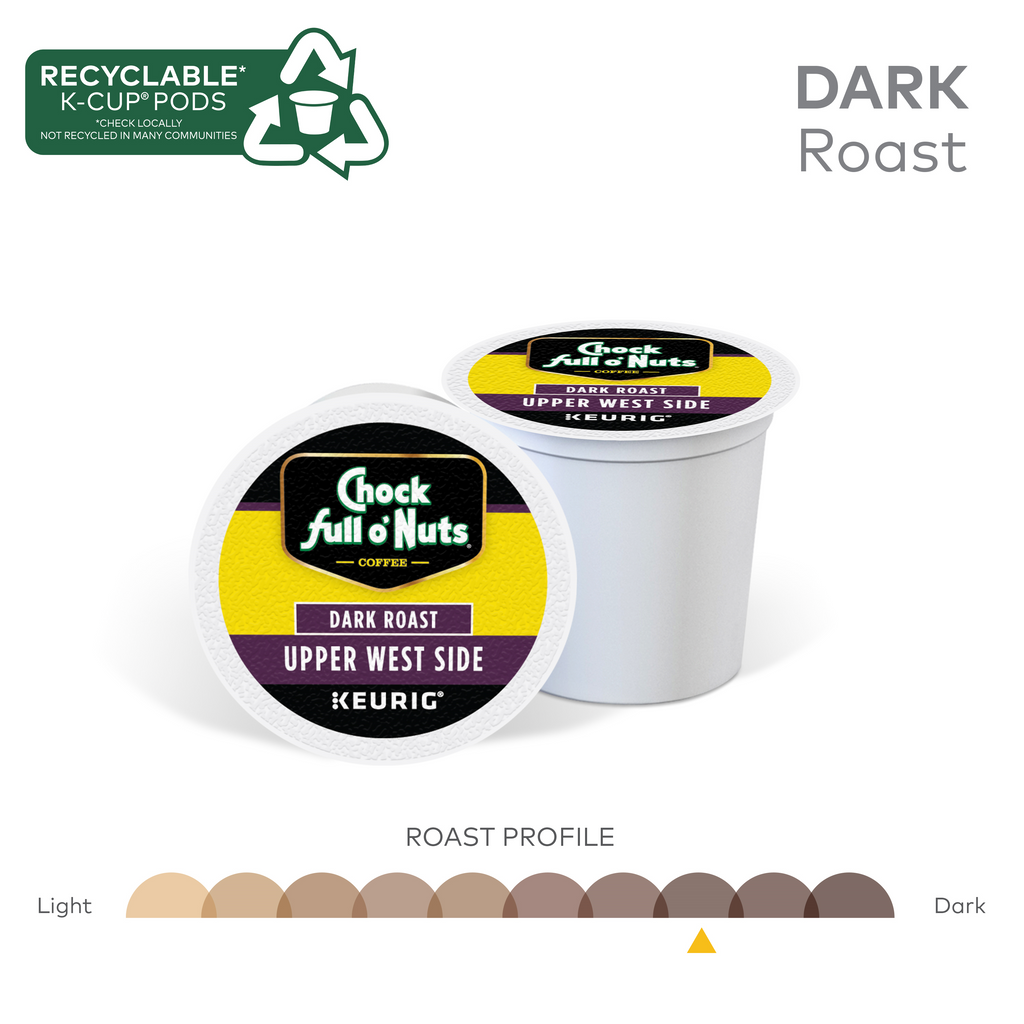 Chock full o'Nuts offers "Upper West Side" dark roast K-Cup pods in the Keurig K-Cup Pods - Variety Pack. Made with premium Arabica beans, this bold roast is recyclable and ensures a rich flavor with every brew.