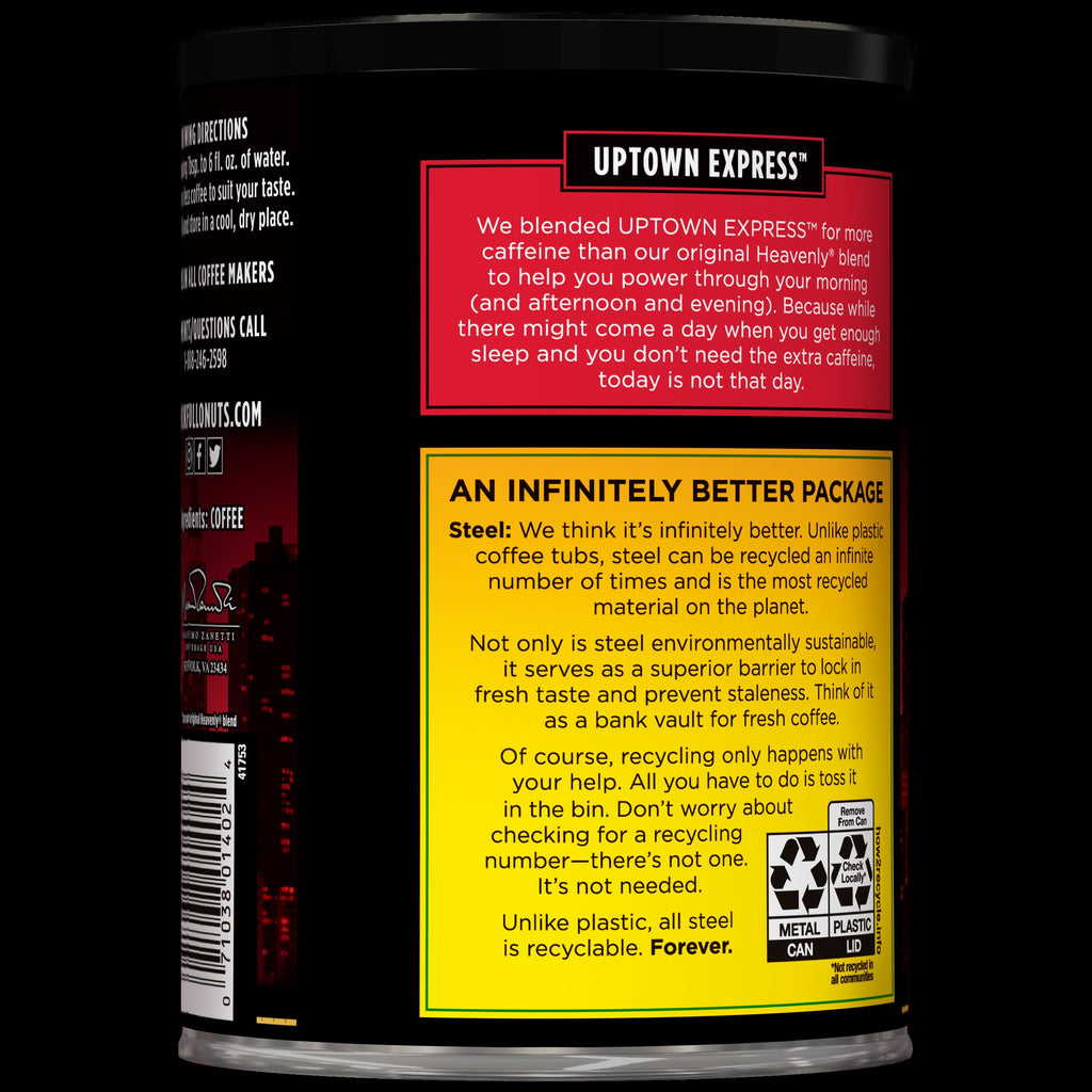 A canister of "Uptown Express - Extra Caffeine - Dark" coffee from Chock full o'Nuts, made with premium coffee beans and boasting extra caffeine content. The label highlights the sustainability and recyclability of its steel packaging, complete with recycling symbols and descriptions.