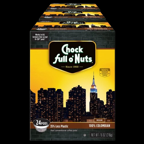 Box of Chock full o'Nuts 100% Colombian - Single-Serve Pods - Medium, 24 count. Promotes use with K-Cup brewers and highlights 35% less plastic. Premium Arabica single serve coffee cups are Keurig 2.0 compatible. Net weight is 7.6 oz (216g). New York City skyline on the box.