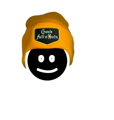 A stick figure in a Chock full o’Nuts® Embroidered Logo Yellow Knit Hat.