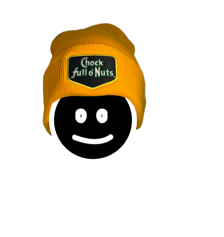A stick figure in a Chock full o’Nuts® Embroidered Logo Yellow Knit Hat.