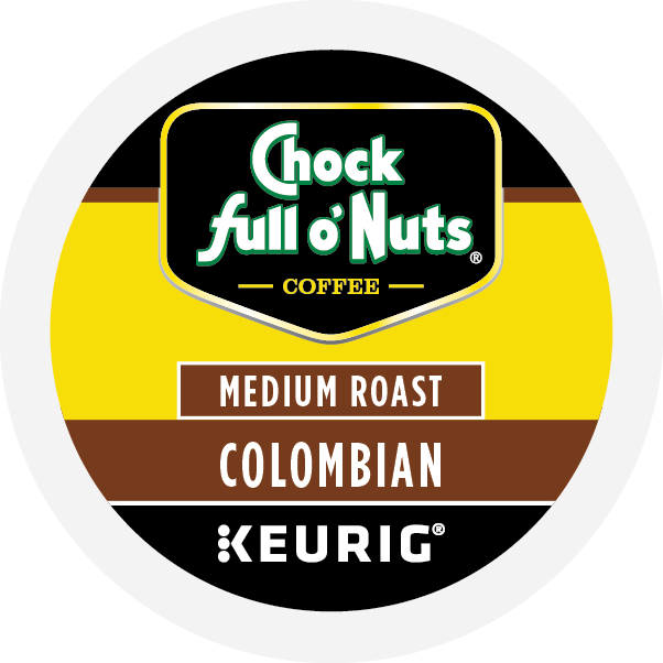 The Chock full o'Nuts 100% Colombian Keurig K-Cup® Pods - Medium features a sophisticated black, yellow, and brown design with white text. These pods provide unparalleled convenience and premium flavor in each brew, perfect for your Keurig machine.