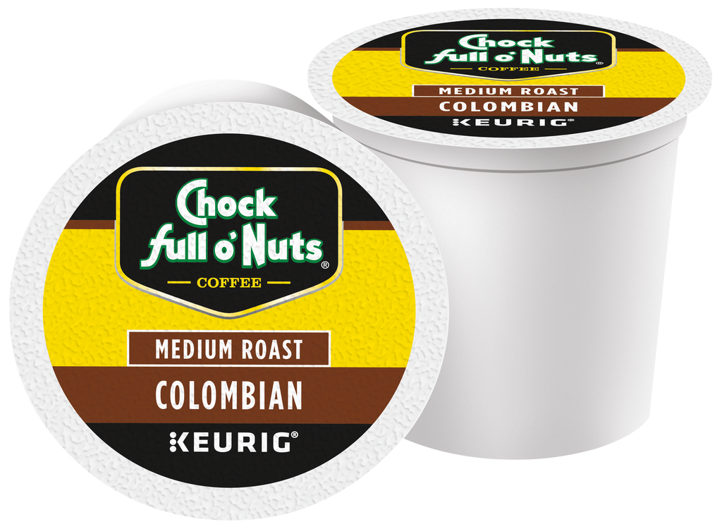 Image of two single-serve coffee pods with "Chock full o'Nuts" branding. The pods are labeled "100% Colombian - Keurig K-Cup® Pods - Medium." One pod faces forward, while the other is slightly tilted. Enjoy the rich flavor of Arabica coffee beans in every cup.