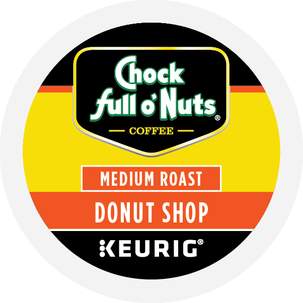 Label of a Keurig coffee pod featuring Chock full o'Nuts Donut Shop - Keurig K-Cup® Pods, medium roast made from premium Arabica coffee beans.