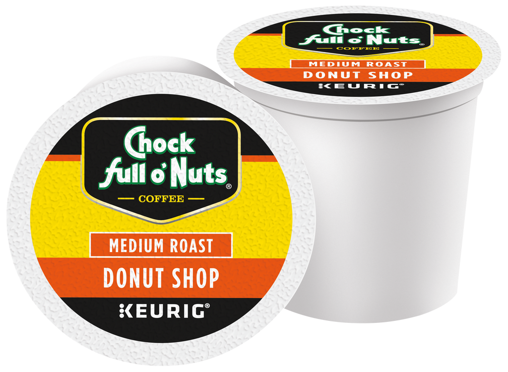 Two Chock full o'Nuts Donut Shop - Keurig K-Cup® Pods - Medium Roast, made from premium Arabica coffee beans and compatible with Keurig machines, are shown against a white background.