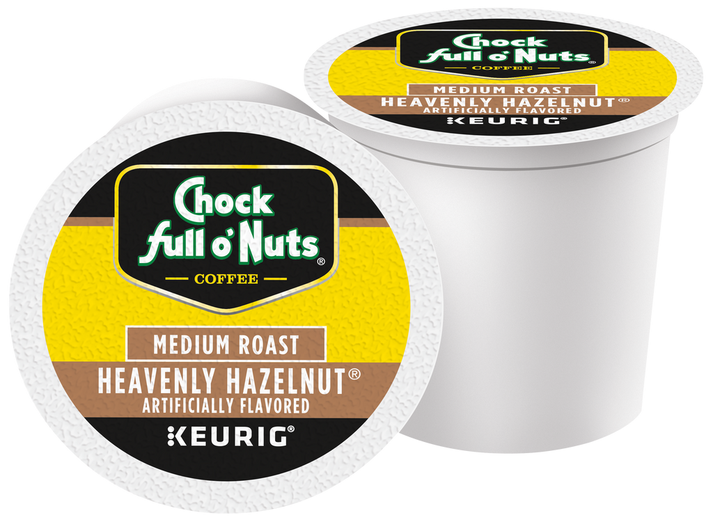 Two Chock full o'Nuts Heavenly Hazelnut medium roast single serve coffee cups by Keurig.