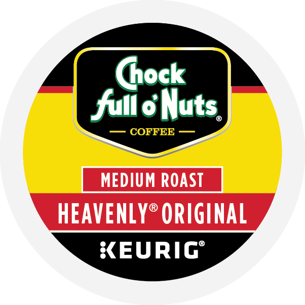 A Chock full o’Nuts label displaying “Heavenly Original - Keurig K-Cup® Pods - Medium” for Keurig machines.