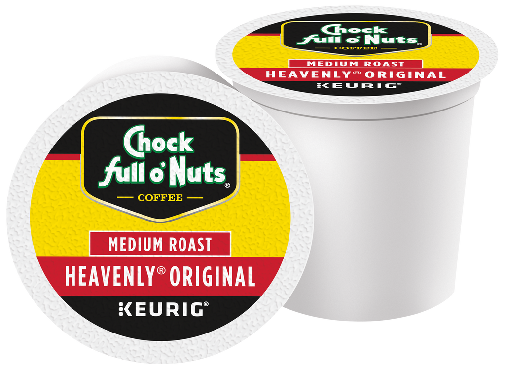 Image of two Chock full o'Nuts Heavenly Original - Keurig K-Cup® Pods - Medium. The label reads "Medium Roast, Heavenly Original." One pod is standing upright and the other is laying flat displaying the top.