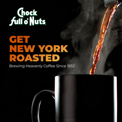 A stream of coffee pours into a black mug beside the Chock full o’Nuts logo and the text, “100% Colombian – Medium – Ground. Premium Arabica coffee. Brewing Heavenly Coffee Since 1932.”.