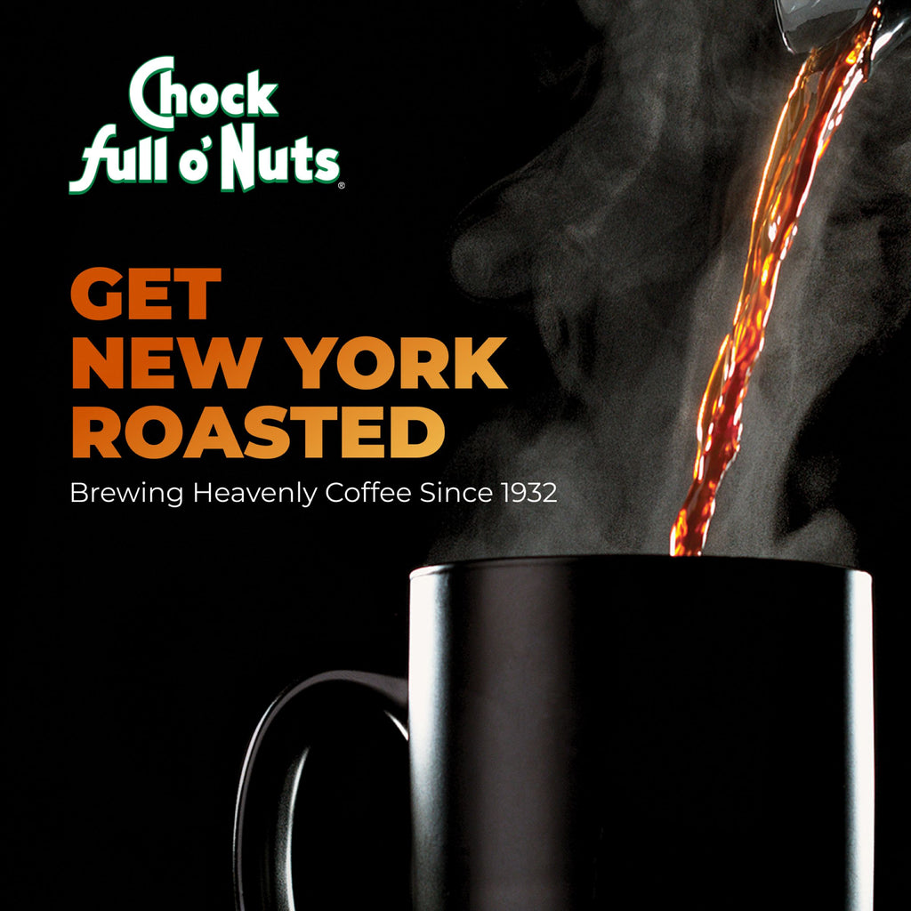A stream of coffee pours into a black Chock full o’Nuts mug with the slogan “Get New York Roasted. Brewing Heavenly Coffee Since 1932,” showcasing Donut Shop - K-Cup® Pods Medium Roast by Chock full o’Nuts, made from premium Arabica beans.