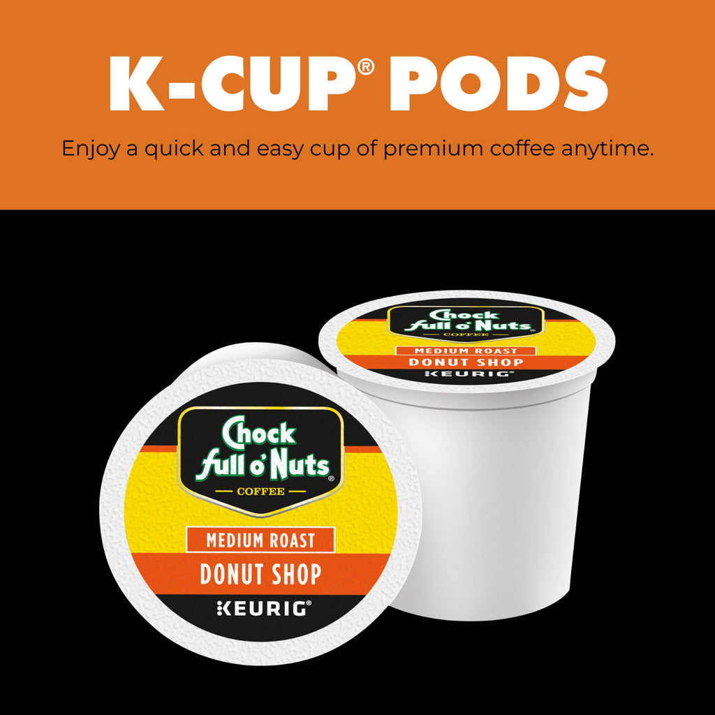 Two Chock full o’Nuts Donut Shop - K-Cup® Pods Medium Roast are displayed against a black background with orange text, emphasizing the easy, premium taste of select Arabica bean coffee.