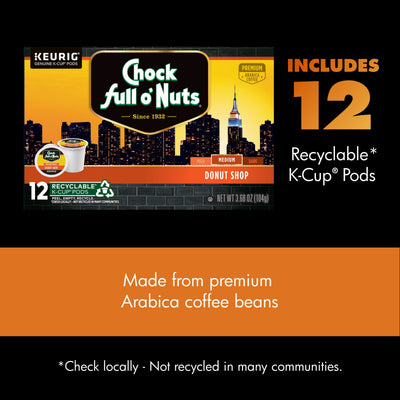 Enjoy a box of Chock full o’Nuts Donut Shop Medium Roast K-Cup® Pods, 12 count, made with premium Arabica beans. Pods are recyclable where facilities exist.