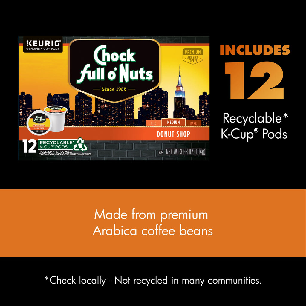 Chock full o’Nuts Donut Shop - K-Cup® Pods - Medium Roast box includes 12 recyclable pods, features a city skyline image, and highlights its rich Arabica coffee beans.